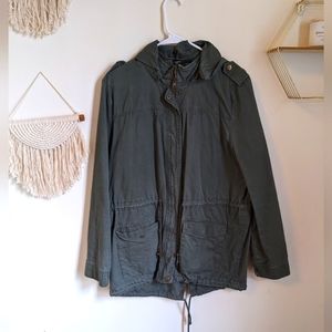 New Look olive green hooded zip up cinched waist utility jacket hoodie